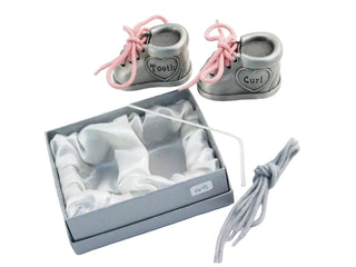 Two small gray containers with pink ribbons and heart-shaped labels on a white background.