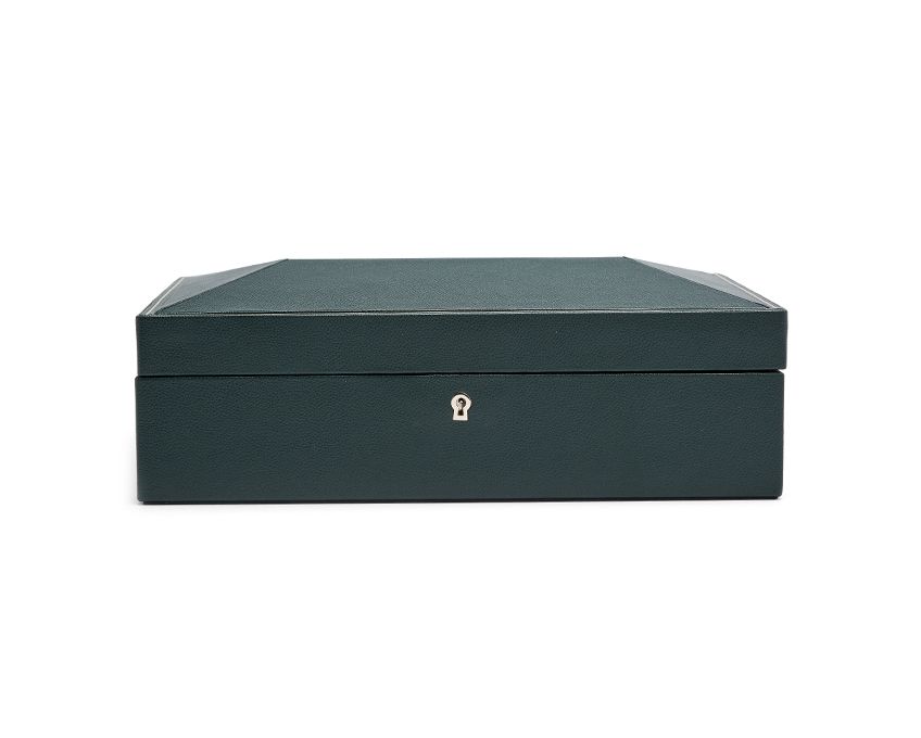 A closed British Racing 10 Piece Watch Box in black color with a key on the lid.