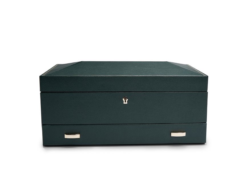 A green British Racing 10 piece watch box with vegan leather finish, closed and locked.