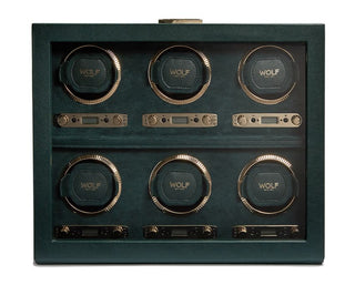 A black vegan leather Wolf brand watch winder with a 6-piece capacity, featuring a fluted bezel and lock-and-key security.