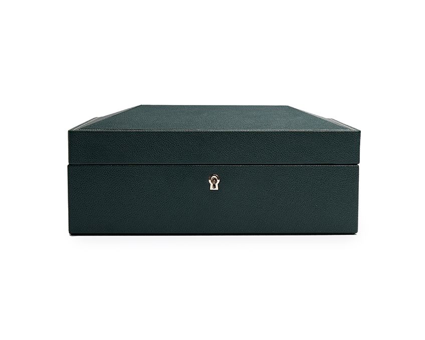 A green 8-piece watch box with a quad angled paneled lid and gold hardware.