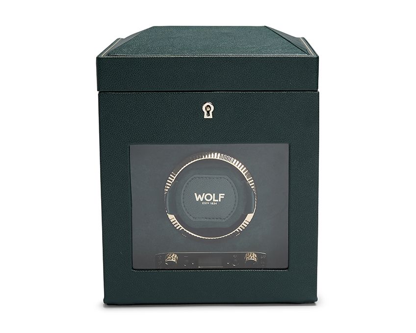 A black vegan leather single watch winder with a clear viewing window showing the inside mechanism.