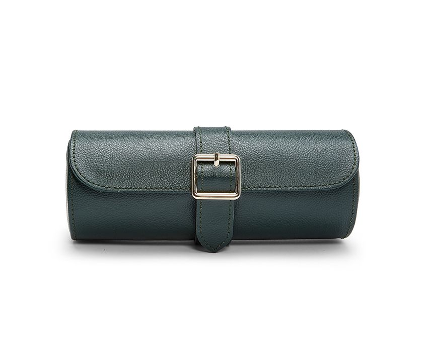 A green leather triple watch roll with gold hardware, designed to hold three watches, featuring two watch guards and an adjustable snap closure.