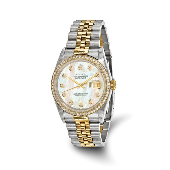 Reloj MOP para hombre con diamantes y acero de 18 ky con certificación independiente Rolex de segunda mano de Swiss Crown 