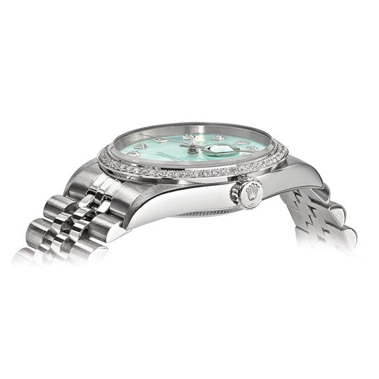 Reloj Rolex de segunda mano con certificación independiente de acero y bisel de 18 kw en color azul hielo 
