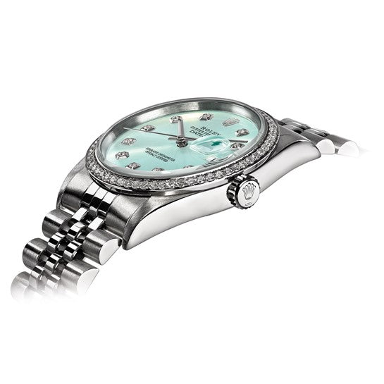 Reloj Rolex de segunda mano con certificación independiente de acero y bisel de 18 kw en color azul hielo 