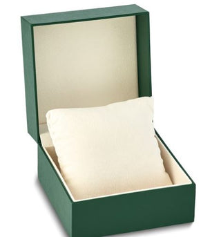 Green Watch box with Ivory Interior and Black Outer Box with Pocket  Dimensions: 4.75" x 4.75" x 3.25"