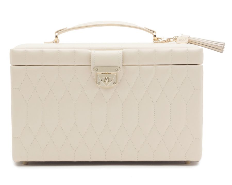 A white diamond-patterned leather jewelry case with gold hardware, featuring a zipper closure and a detachable handle.