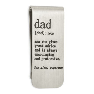 A stainless steel money clip with the text 'DAD' lasered on it, followed by a quote about the definition of a dad.