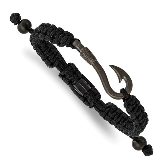Black nylon fishing hook bracelet with a brushed gun metal finish and adjustable strap.