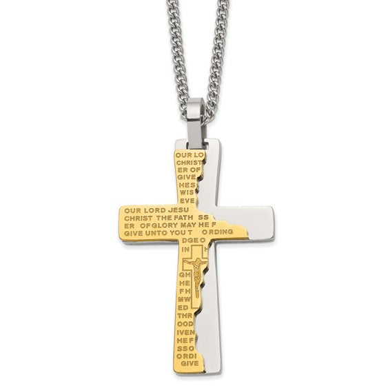 A stainless steel polished yellow IP-plated etched broken prayer cross pendant with a 24-inch chain.