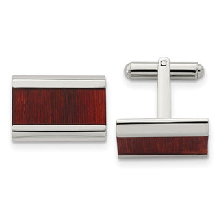 A pair of stainless steel red koa wood inlay cufflinks with a polished finish.