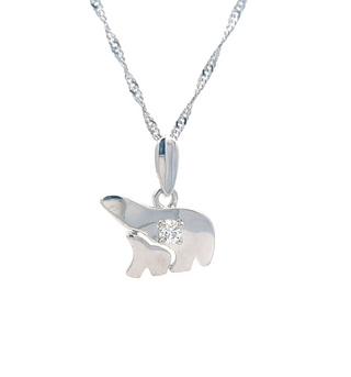 14K White  Gold 0.27cttw Diamond Mother and Cub Necklace with Singapore Chain (Spring Clasp) - Adjustable 16 & 18 Inches