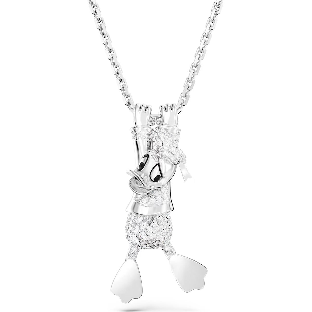 Rhodium plated Disney Donald Duck pendant on a chain.