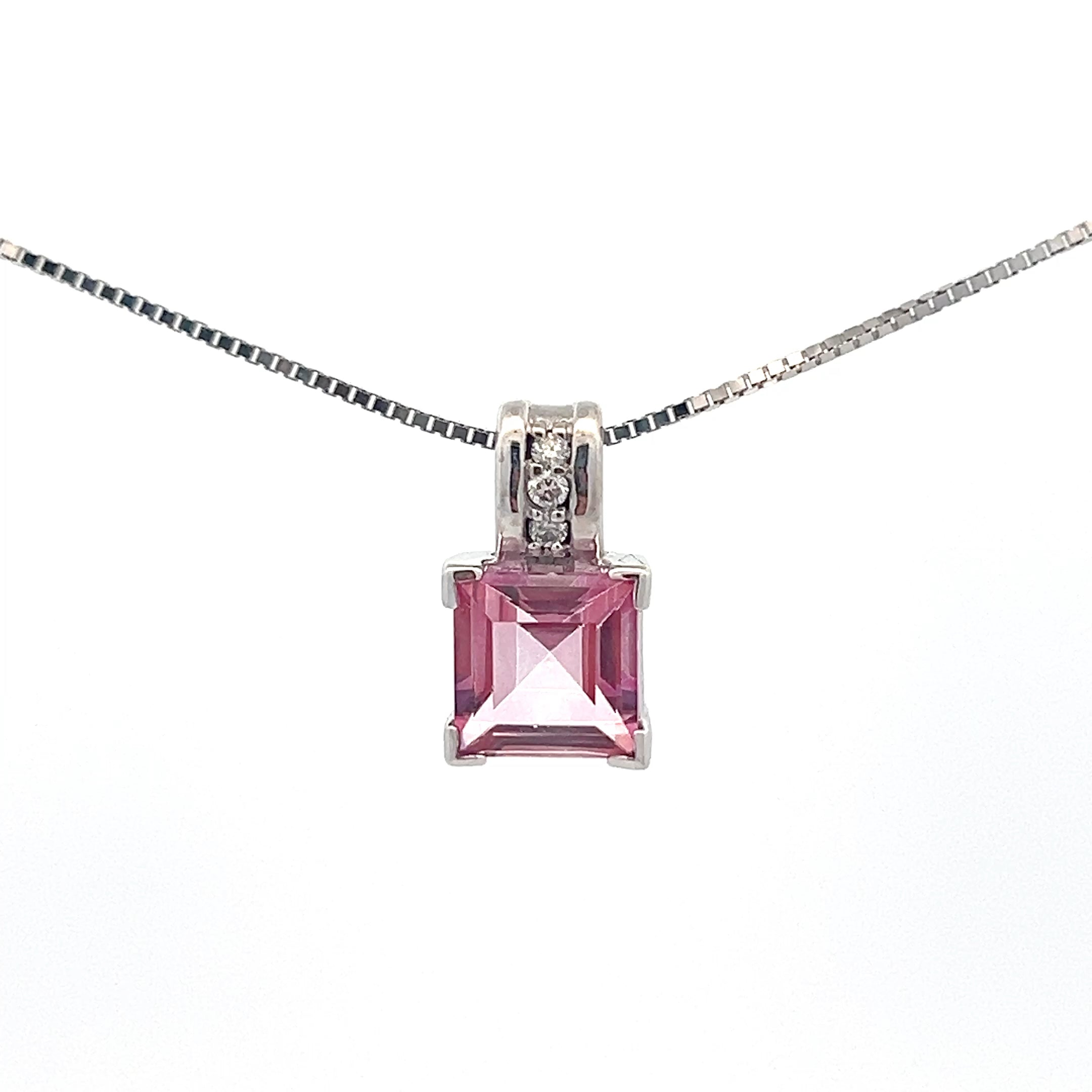 10K White Gold Pink Topaz and Diamond Necklace 18" - White gold