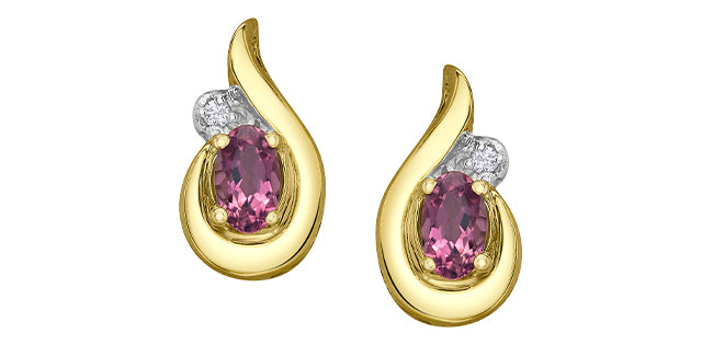 10K Yellow Gold Pink Tourmaline and Diamond Stud Earrings