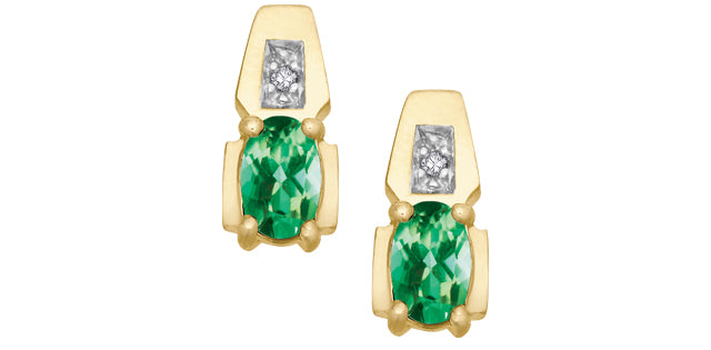 10K Yellow Gold Emerald &amp; Diamond Earring