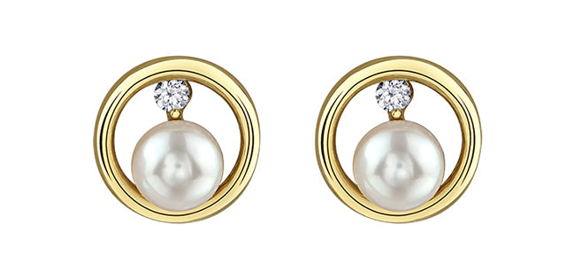 10K Yellow Gold Canadian Diamond and Pearl Earrings 0.06cttw