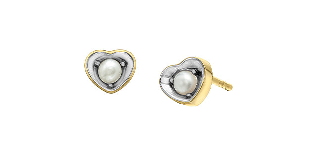 10K Yellow Gold Pearl Heart Stud Earrings