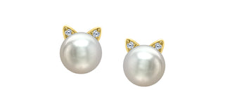 10K Yellow Gold Diamond and Pearl Cat Stud Earrings