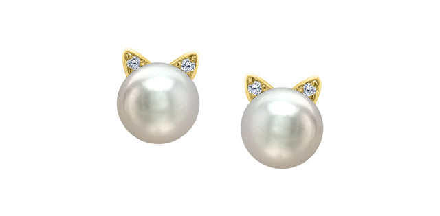 10K Yellow Gold Diamond and Pearl Cat Stud Earrings