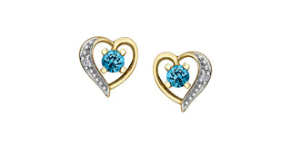 10K Yellow Gold Blue Topaz and Diamond Heart Stud Earrings
