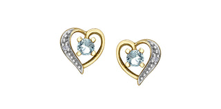 10K Yellow Gold Aquamarine and Diamond Heart Stud Earrings