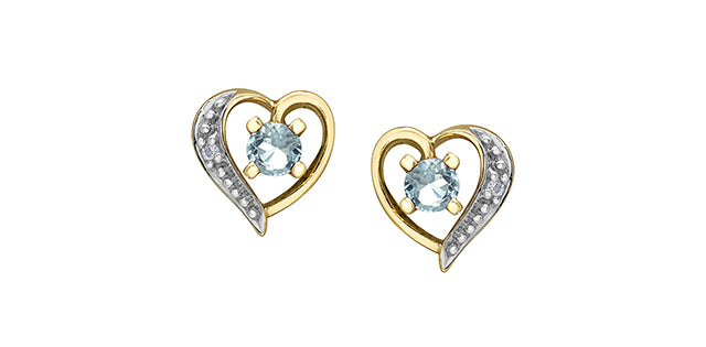 10K Yellow Gold Aquamarine and Diamond Heart Stud Earrings