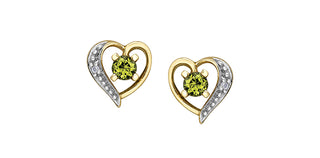 Aretes con forma de corazón de diamantes y peridoto en oro amarillo de 10 quilates