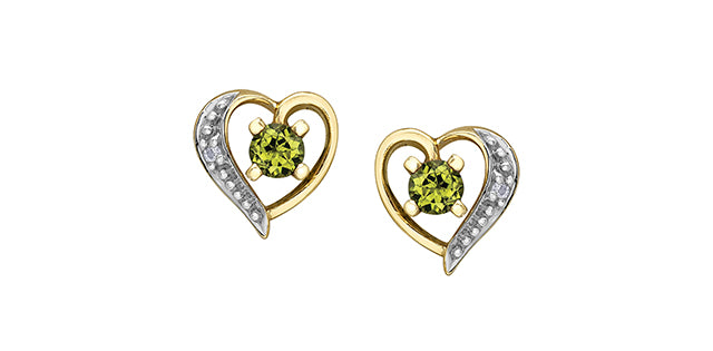 Aretes con forma de corazón de diamantes y peridoto en oro amarillo de 10 quilates