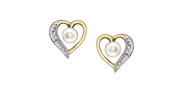10K Yellow Gold Pearl and Diamond Heart Stud Earrings