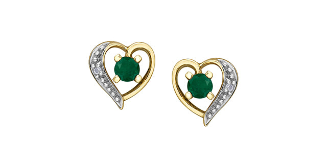 10K Yellow Gold Emerald and Diamond Heart Stud Earrings