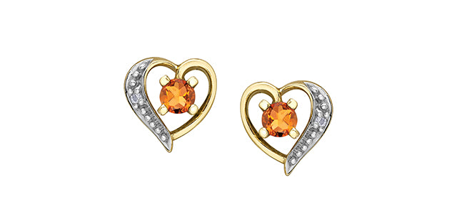 10K Yellow Gold Citrine  and Diamond Heart Stud Earrings