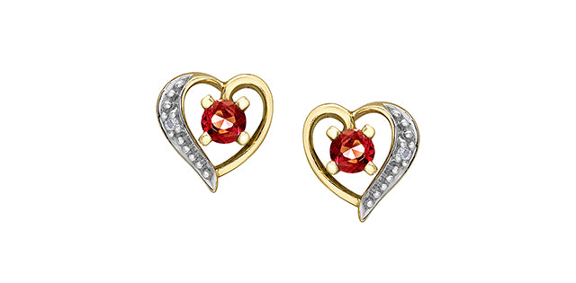 10K Yellow Gold Garnet and Diamond Heart Stud Earrings