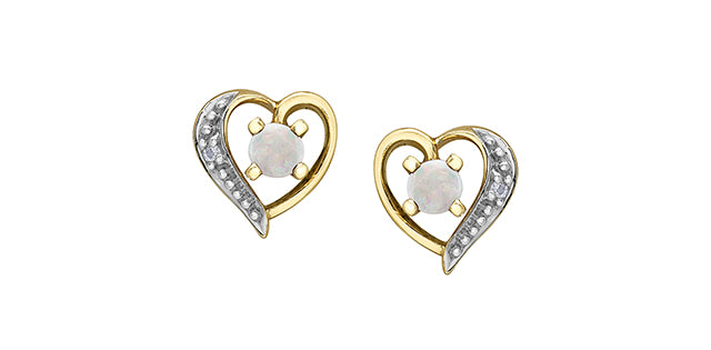 10K Yellow Gold Opal and Diamond Heart Stud Earrings