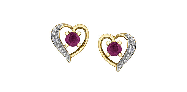 10K Yellow Gold Ruby and Diamond Heart Stud Earrings