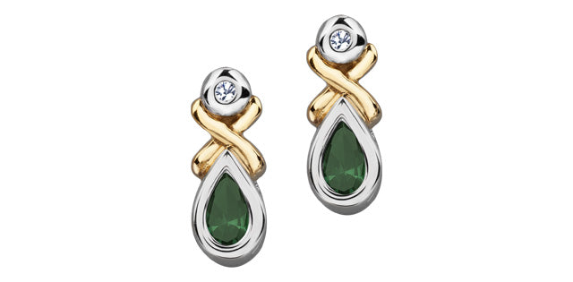 10K White and Yellow Gold Emerald &amp; Diamond Earring