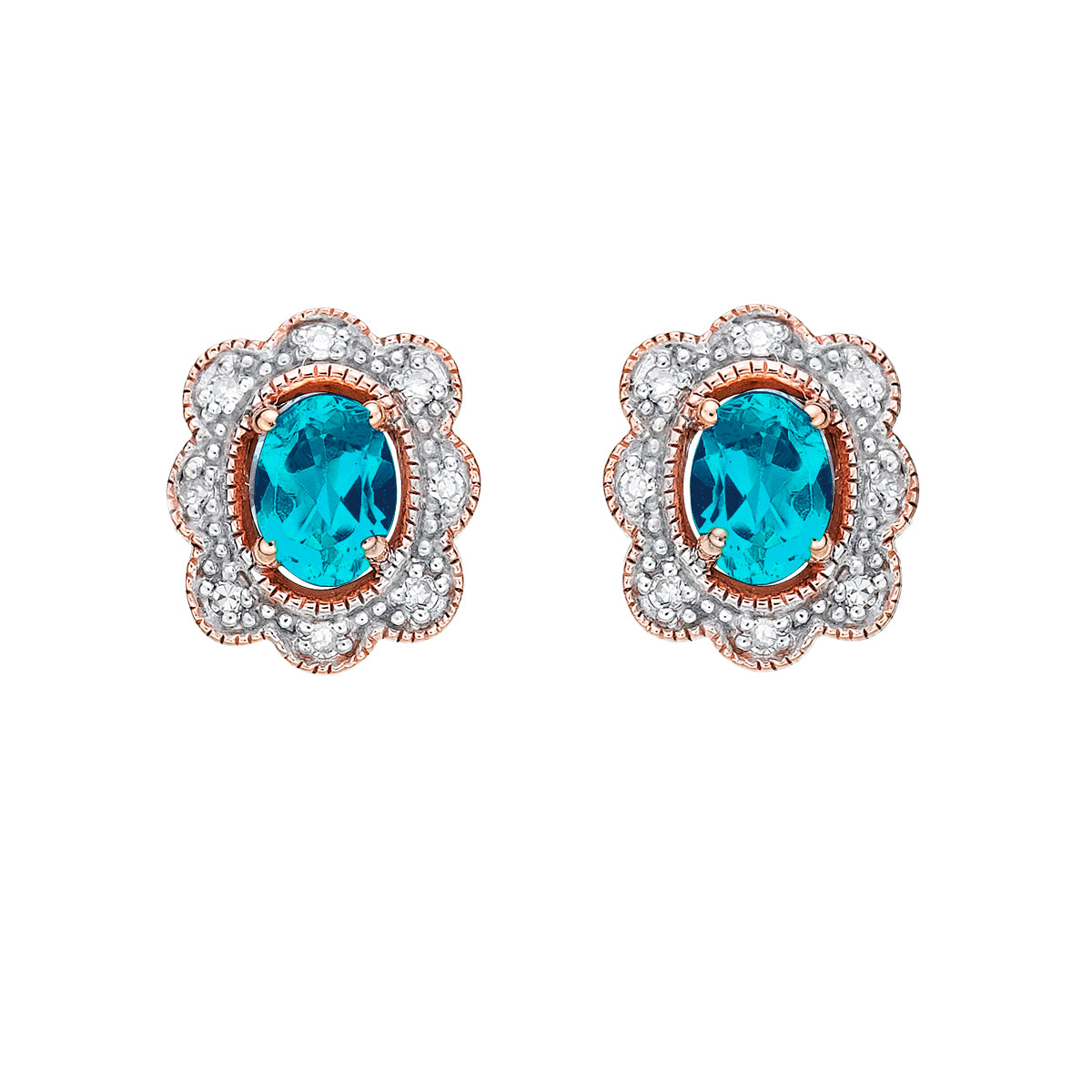 Aretes con halo de diamantes y topacio azul en oro rosa de 10 quilates