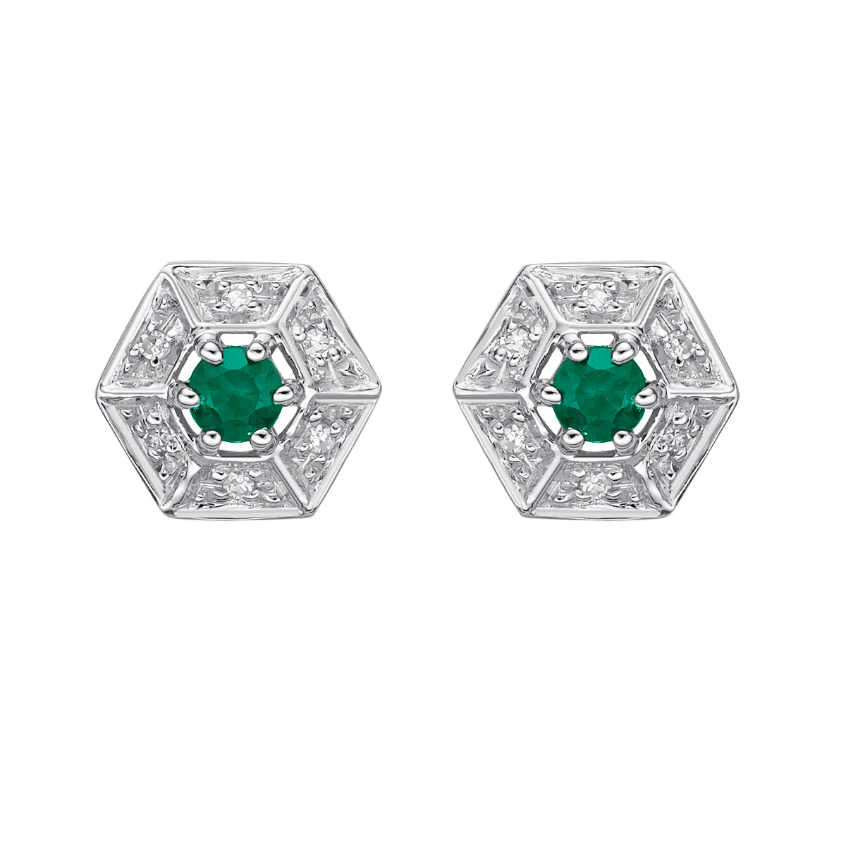 10K White Gold Prong-set Emerald Earrings with Diamond Halo