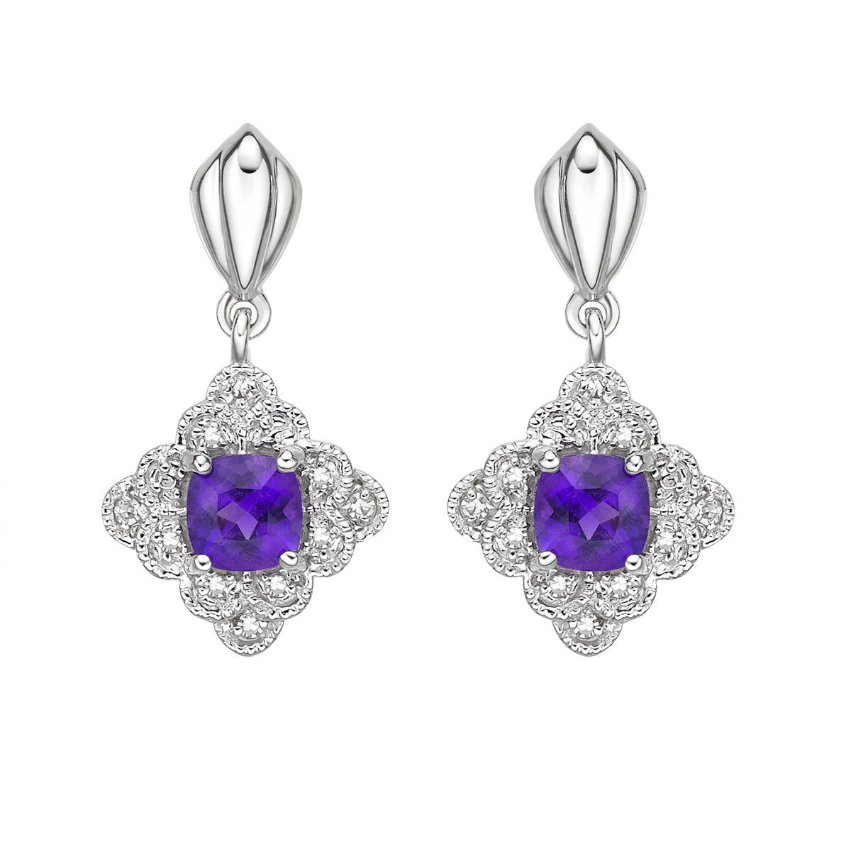 10K White Gold Prong-set Cushion Amethyst Earrings with Millgrain