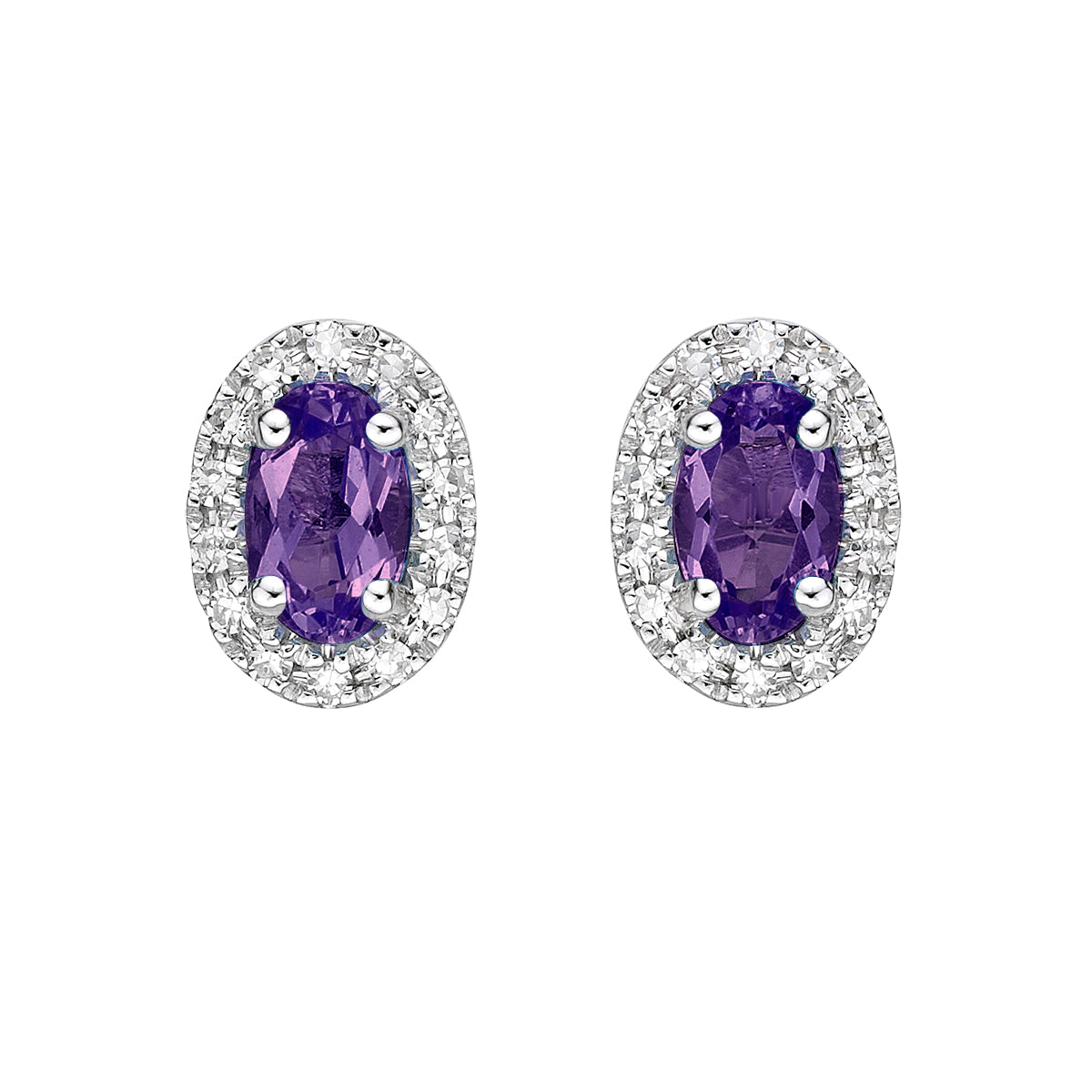 10K White Gold Prong-set Oval Amethyst Earrings with Diamond Halo