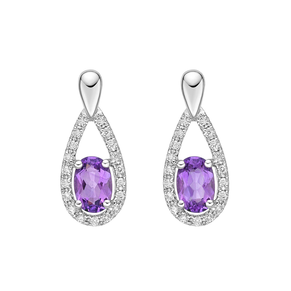 10K White Gold Prong-set Amethyst Earrings with Diamond Halo