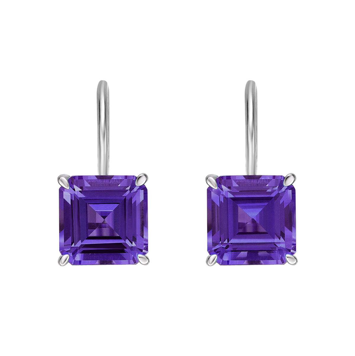 10K White Gold Prong-set Emerald Cut Amethyst Earrings