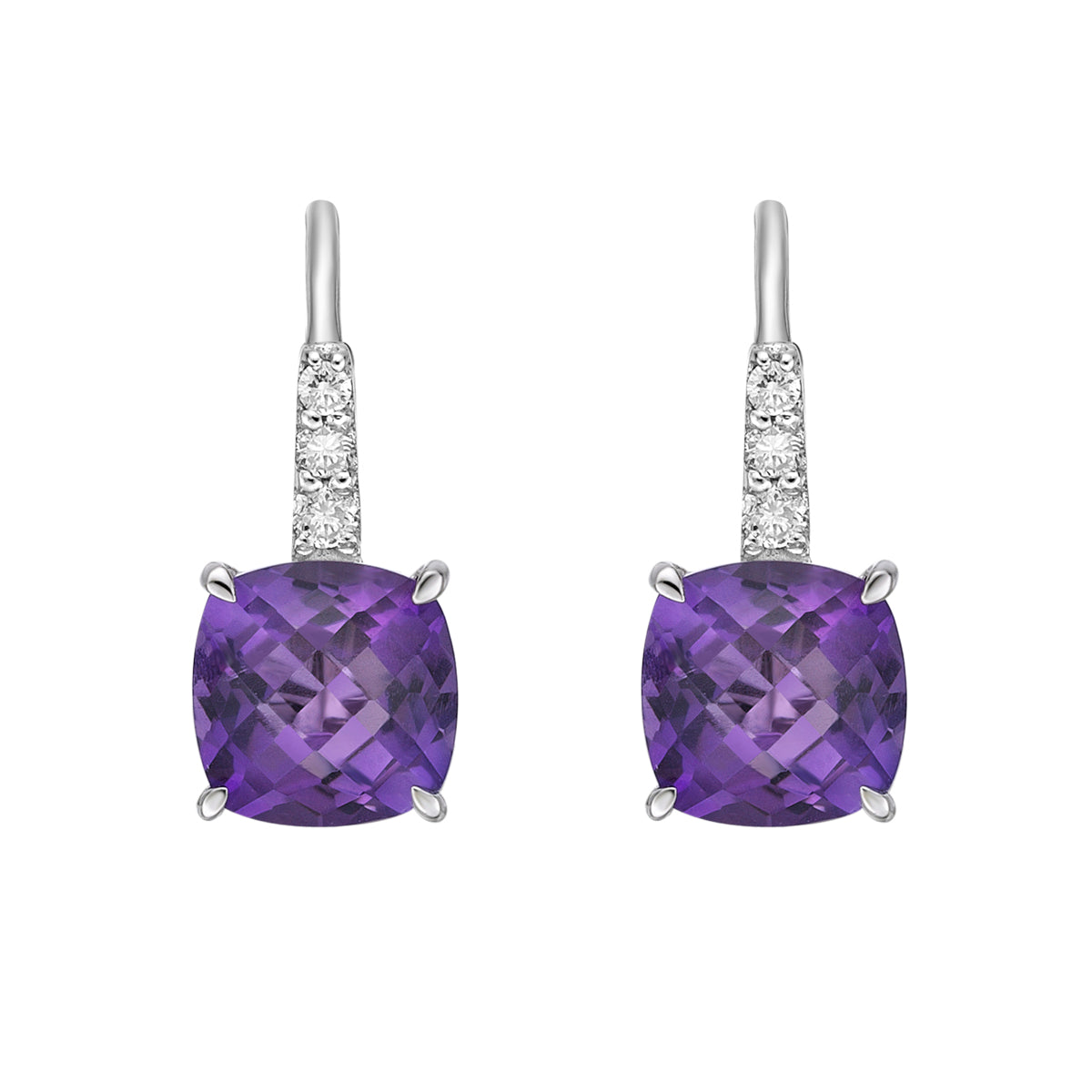 10K White Gold Prong-set Cushion Amethyst Earrings with Diamond Accent