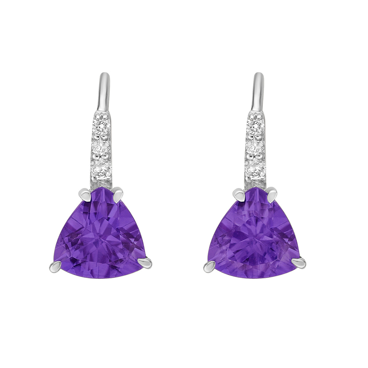 10K White Gold Prong-set Trillion Amethyst Earrings with Diamond Accent