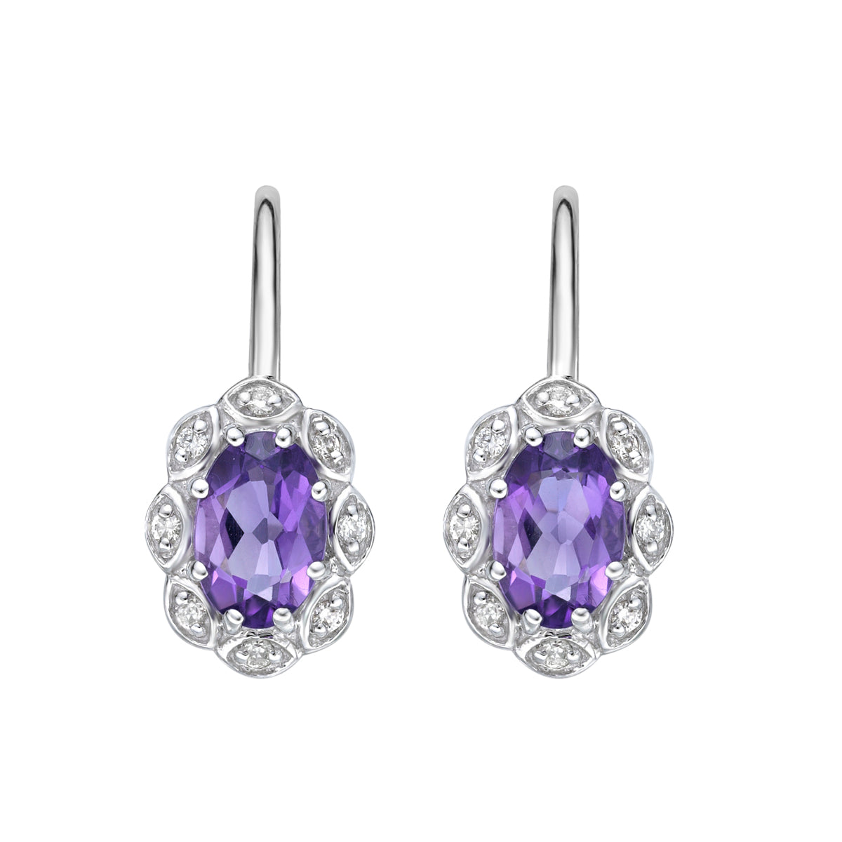 10K White Gold Prong-set amethyst earring with diamond halo