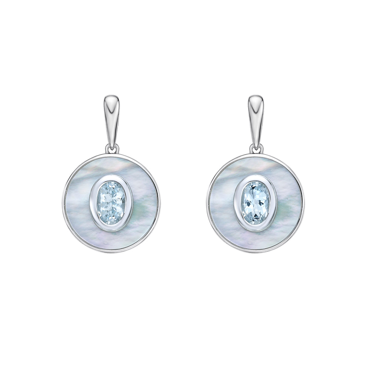 10K White Gold Oval Aquamarine and Mother of Pearl Earrings