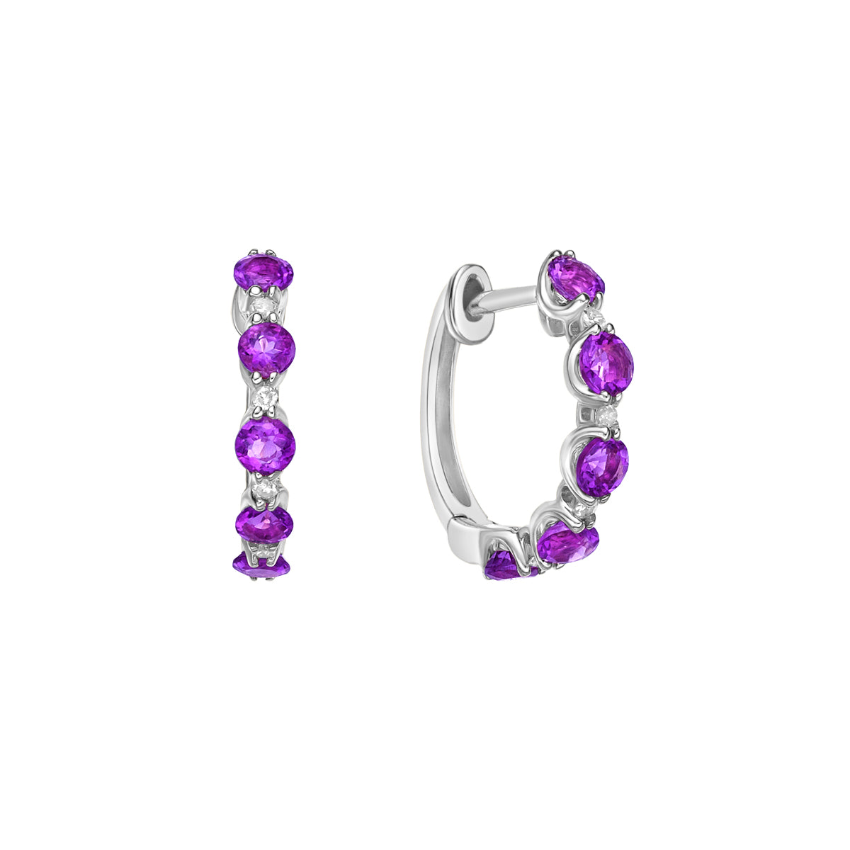 10K White Gold Prong-set Amethyst &amp; Diamond Hoop Earrings