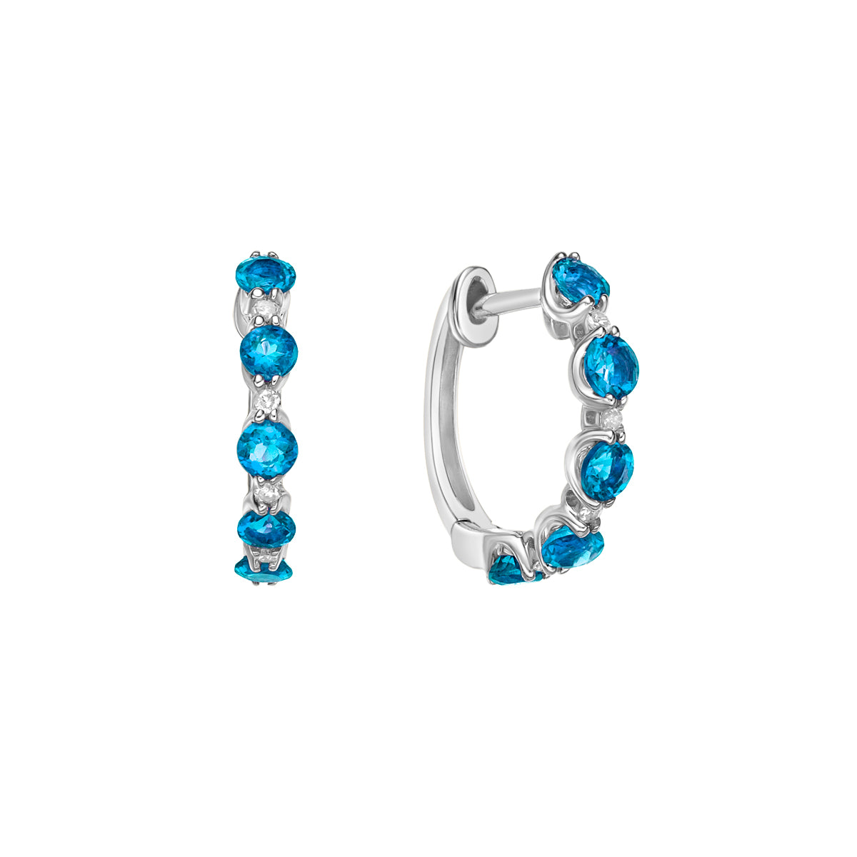 10K White Gold Prong-set Blue Topaz &amp; Diamond Hoop Earrings 0.06cttw