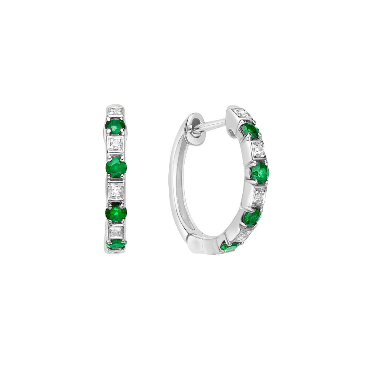 10K White Gold Classic Emerald &amp; Diamond Hoop Earrings 0.04cttw